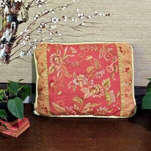 Vintage Wool Needlepoint Floral Pillow Tracy Porter Rope Trim Cottagecore Shabby